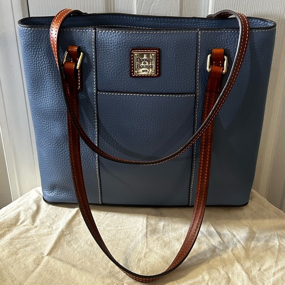Dooney & Bourke Slate Blue Pebbled Leather Tote with Brown Handles - Picture 3 of 6